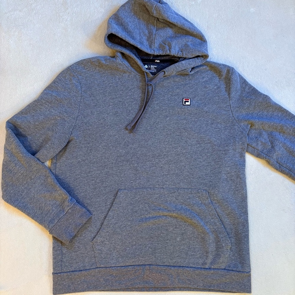 Fila Men’s Heather Gray Pullover Hoodie Sweatshirt with Kangaroo Pocket Sz L